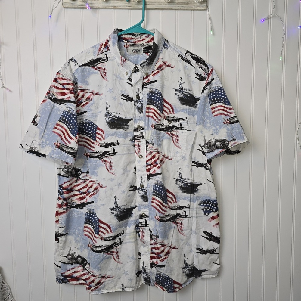 American Legend Bass Pro Patriotic Flag & Planes‎ S/S Button Shirt Mens XLarge